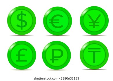 Monedas verdes en 3D.
Modelo vector 3D de una moneda.
Euro, dólar, rublo, yuan, libra, tenge.
Monedas verdes de vectores