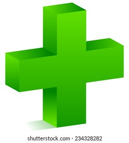 3d green cross for healthcare, support, first aid concepts.