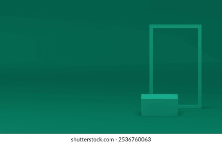 3d green cube podium mockup for cosmetic product show presentation realistic vector illustration. Trendy minimalist pedestal stand with rectangle frame wall background showroom space for shopping sale
