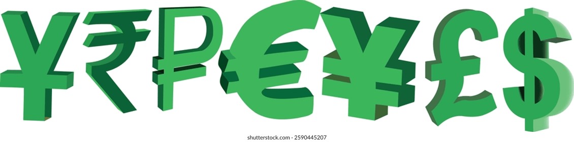 3d green currency symbols representing major world currencies, conveying global finance, forex trading, and international monetary exchange