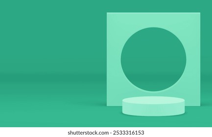 3d green cylinder podium with geometric wall background for presentation realistic vector illustration. Trendy minimalist pedestal with hole squared frame backdrop mockup for commercial product show