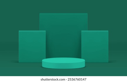3d green cylinder podium with squared wall background for show realistic vector illustration. Trendy minimalist aesthetic pedestal geometric shapes mockup for product shopping sale advertising