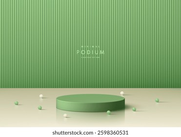 3D green cylindrical podium background with vertical pattern wall scene. Minimalist mockup pedestal abstract stand product display presentation, Stage for showcase. Platforms vector geometric design.