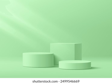 3D green cylindrical podium pedestal background with cube pedestal, Clean empty wall scene. Minimal mockup or abstract product display presentation, Stage showcase. Platforms vector geometric design.