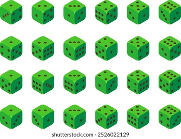 3d Green dice with black dots set. All positions and rotations, Stock Vector illustration isolated on white background in cartoon style.