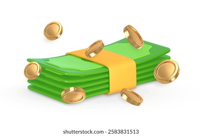 3d green dollar and coin in cartoon style. Business and finance object for banner design. Vector illustration.