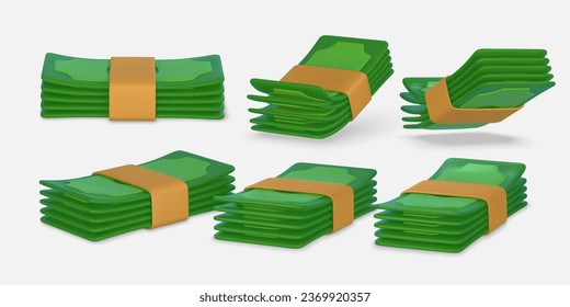 Dólares verdes en 3D al estilo de las caricaturas. Objeto comercial y financiero para el diseño de pancartas. Ilustración vectorial.