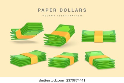 3D green dollars in cartoon style. Business and finance object for banner design. Vector illustration.