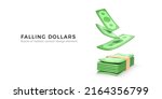3D Green Dollars Falling to bundle of money. Paper bills in cartoon realistic style. Business design element for banner or poster. Vector illustration