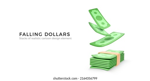 3D Green Dollars Falling to bundle of money. Paper bills in cartoon realistic style. Business design element for banner or poster. Vector illustration
