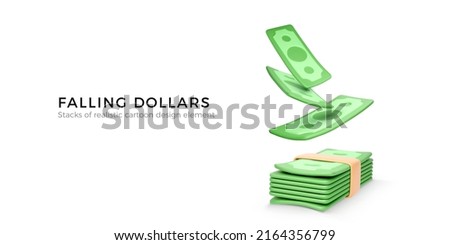 3D Green Dollars Falling to bundle of money. Paper bills in cartoon realistic style. Business design element for banner or poster. Vector illustration 商業照片 © 