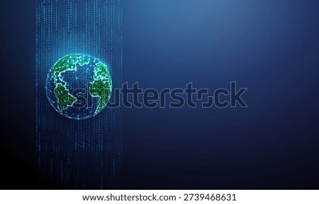 3d green earth globe in flowing data stream. Global data exchange, digital connectivity, information transfer, technology integration, worldwide analytics concept. Low poly digital futuristic. Vector.