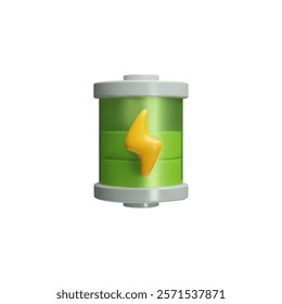 3D green ecological battery plastic style vector render icon. Green energy, environmental alternative energy concept. Eco battery sign, battery cylinder storage with voltage symbol