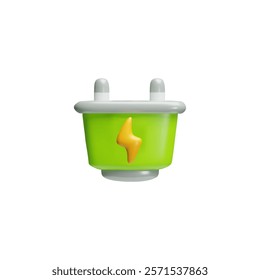 3D green ecological electric plug plastic style vector render icon. Eco friendly power charging with voltage sign. Green energy symbol, environmental alternative energy concept