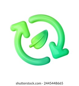 3d green ecology icon. Arrows recycle symbol with green leaf. Renewable sources concept, reuse, refresh, sustainable energy, saving green planet . Repeat round arrow. Vector cartoon illustration