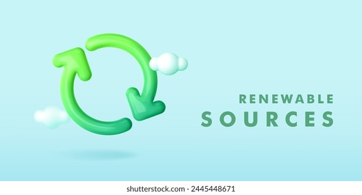 3d green ecology icon. Blue eco template with arrows recycle symbol . Renewable sources concept, reuse, refresh, sustainable energy, saving green planet . Repeat round arrow. Vector illustration