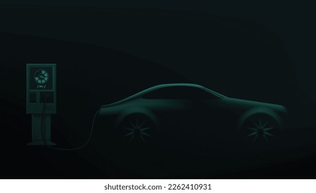3D Green Electric Car Silhouette With Charging Station. EPS10 Vector