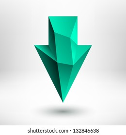 3d green (emerald, jade, aquamarine, mint, pale green) down arrow sign with realistic shadow and light background for internet sites, web user interfaces (ui) and applications (apps). Vector.