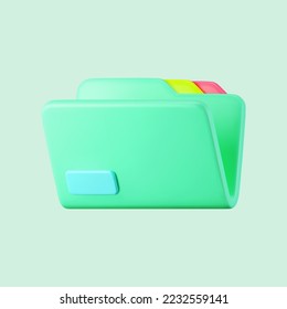 3d green empty and open computer file folder icon without blank document isolated on background. Render folder with paper for management file concept. 3d cartoon simple vector illustration