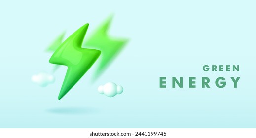 Plantilla de energía verde 3d. Concepto de ecología ambiental, fuentes de energía renovables y sostenibles. Rayo verde sobre fondo azul