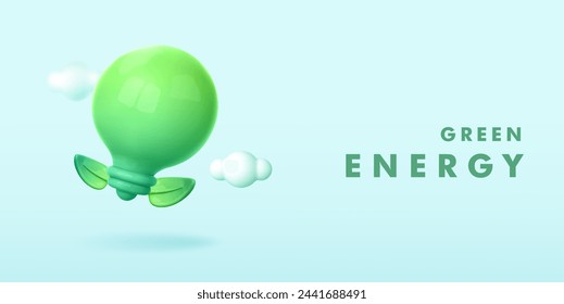 3d green energy template. Concept environmental ecology, renewable, sustainable energy sources. Green light bulb on blue background