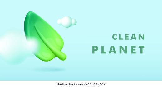 3d green energy template. Concept environmental ecology, renewable, sustainable energy sources. World Earth Day card. Green leaf and clouds on blue background