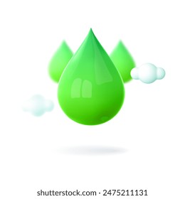 3d green energy template. Concept sustainability or environmental protection,renewable, sustainable energy sources. Green water drop on blue background