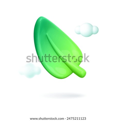 3d green energy template. Concept environmental ecology, renewable, sustainable energy sources. World Earth Day card. Green leaf and clouds on blue background