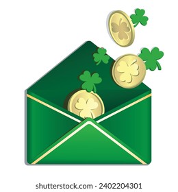 3d green envelope with gold coins and lucky clover on white background. St. Patrick's Day vector illustration