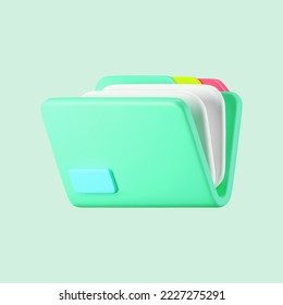 3d green file folder icon with paper document isolated on background. Render folder with paper for management file concept. 3d cartoon simple vector illustration