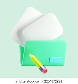 3d green file folder icon with document and pencil isolated on background. Render folder with paper for management file concept. 3d cartoon simple vector illustration