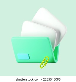 3d green file folder icon with document and clip paper isolated on background. Render folder with paper for management file concept. 3d cartoon simple vector illustration