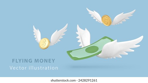 Billete de dólar volador 3D verde y monedas de oro con alas blancas aisladas sobre fondo azul. Concepto para negocios, sitios web, tienda en línea, finanzas. Ilustración vectorial.