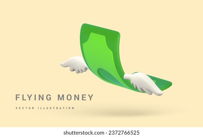 Dólar volador verde 3D con alas blancas al estilo de las caricaturas. Objeto comercial y financiero para el diseño de pancartas. Ilustración vectorial.