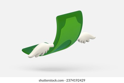 Dólar volador verde 3D con alas blancas al estilo de las caricaturas. Objeto comercial y financiero para el diseño de pancartas. Ilustración vectorial.