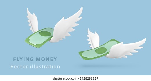 3D green flying dollars with white wings isolated on blue background. Concept for business, websites, online shop, finance. Vector illustration.