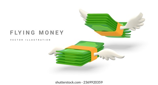 pila de dinero volador verde 3D con alas blancas al estilo de las caricaturas. Objeto comercial y financiero para el diseño de pancartas. Ilustración vectorial.