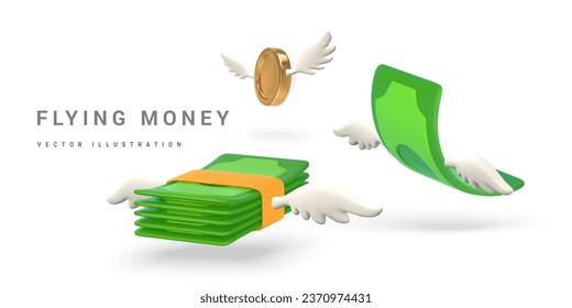 pila de dinero volante verde 3D y monedas de oro con alas blancas al estilo de las caricaturas. Objeto comercial y financiero para el diseño de pancartas. Ilustración vectorial.