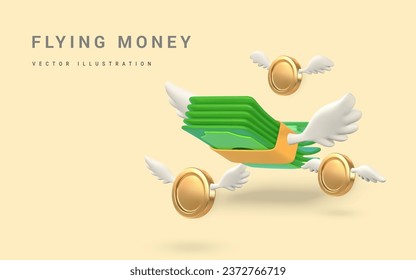 3D green flying stack of money and gold coins with white wings in cartoon style. Business and finance object for banner design. Vector illustration.