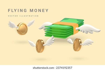 3D green flying stack of money and gold coins with white wings in cartoon style. Business and finance object for banner design. Vector illustration.