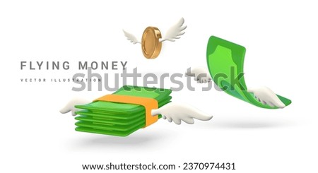3D green flying stack of money and gold coins with white wings in cartoon style. Business and finance object for banner design. Vector illustration.