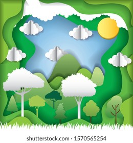 3d green forest in paper cut art with tree clouds and sun. vector illustration