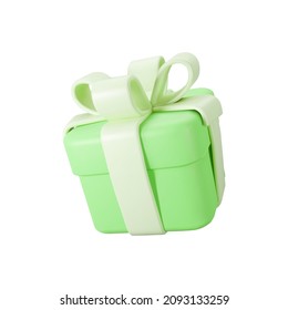 3d green gift box with pastel ribbon bow isolated on a white background. 3d render flying modern holiday surprise box. Realistic vector icon for present, birthday or wedding banners