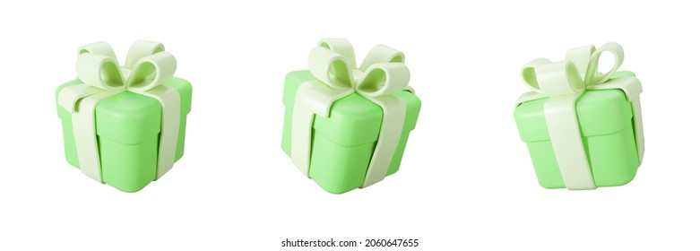 3d green gift box set with pastel ribbon bow isolated on a white background. 3d render flying modern holiday closed surprise box. Realistic vector icon for present, birthday or wedding banners