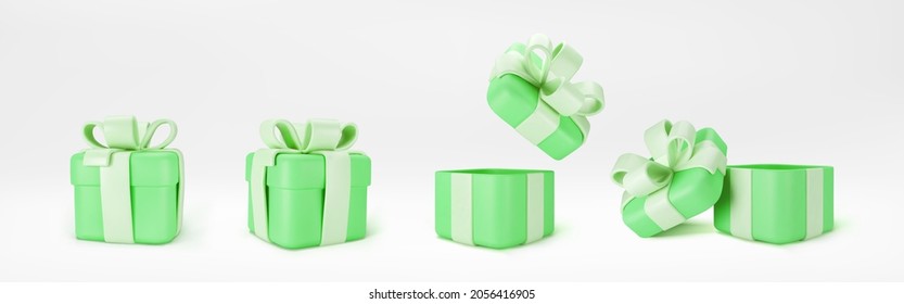 3d green gift boxes open and closed standing on the floor with pastel ribbon bow isolated on a light background. 3d render modern holiday surprise box. Realistic vector icons