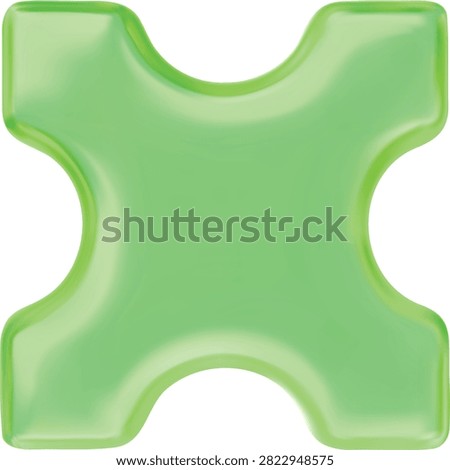 3D green glass puzzle piece with even side cartoon plastic style vector icon. Realistic logic game toy part. Abstract glossy jigsaw detail for assembling, variation attach illustration isolated