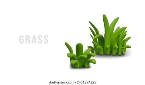 3D green grass in cartoon style. Fresh spring flora. Cute botanical elements