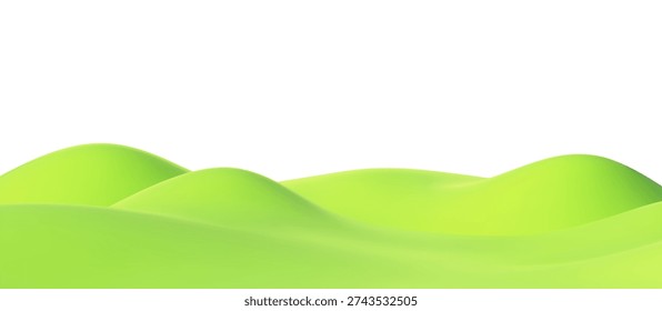 3D green grass hills isolated on white background. Cartoon nature fields with valley and meadow landscape. Backdrop for kids podium, eco projects, spring or summer scenes. Vector bg