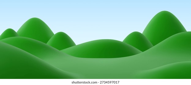 Paisaje de prado de césped verde 3D y colinas con terreno en capas y terreno de césped ondulante bajo cielo azul claro. Fondo de la naturaleza del Vector al aire libre, paisaje del campo con la tierra natural y el horizonte