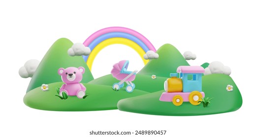 3D green grass playground with rainbow, clouds and flowers. Vector render illustration of summer nature hill or meadow with bear, train toys and baby stroller. Cartoon volume field or lawn land scene